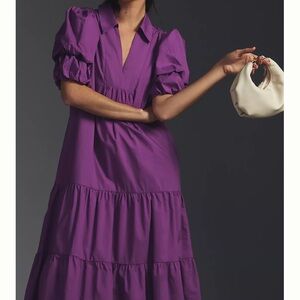 English Factory Purple Midi Dress with Puff Sleeves
